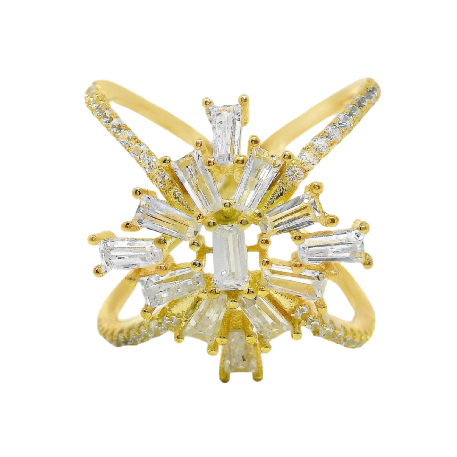 Sterling SIlver Gold Plated Criss Cross Decorative CZ Ring