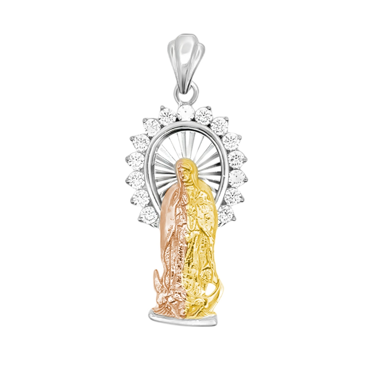925 Sterling Silver CZ Tri-Tone Virgin Mary Pendant