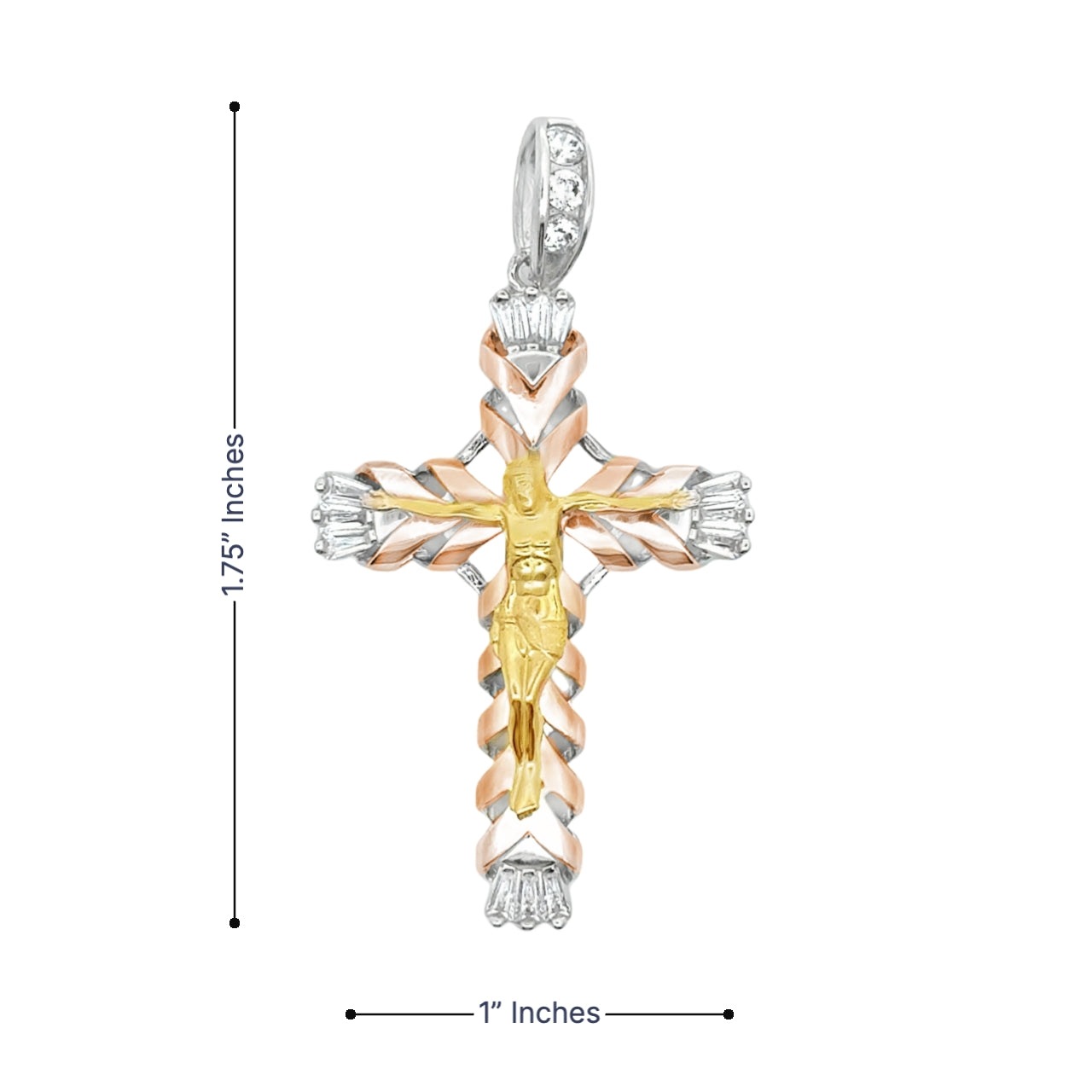 925 Sterling Silver CZ Tri Tone Crucifix Pendant