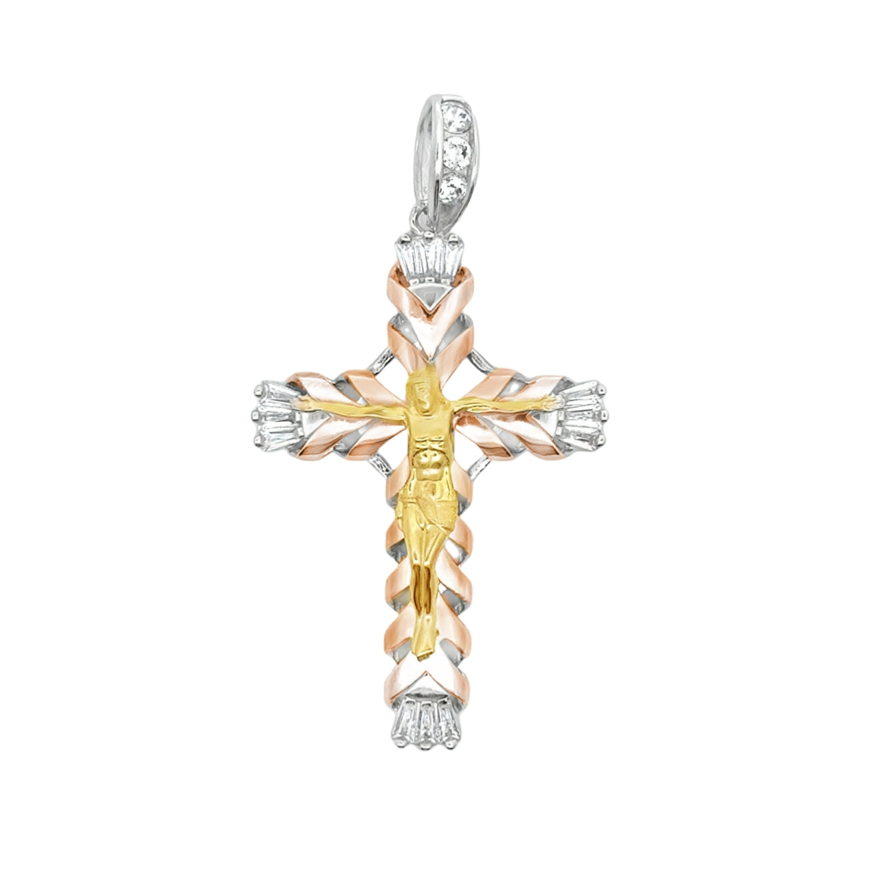 925 Sterling Silver CZ Tri Tone Crucifix Pendant