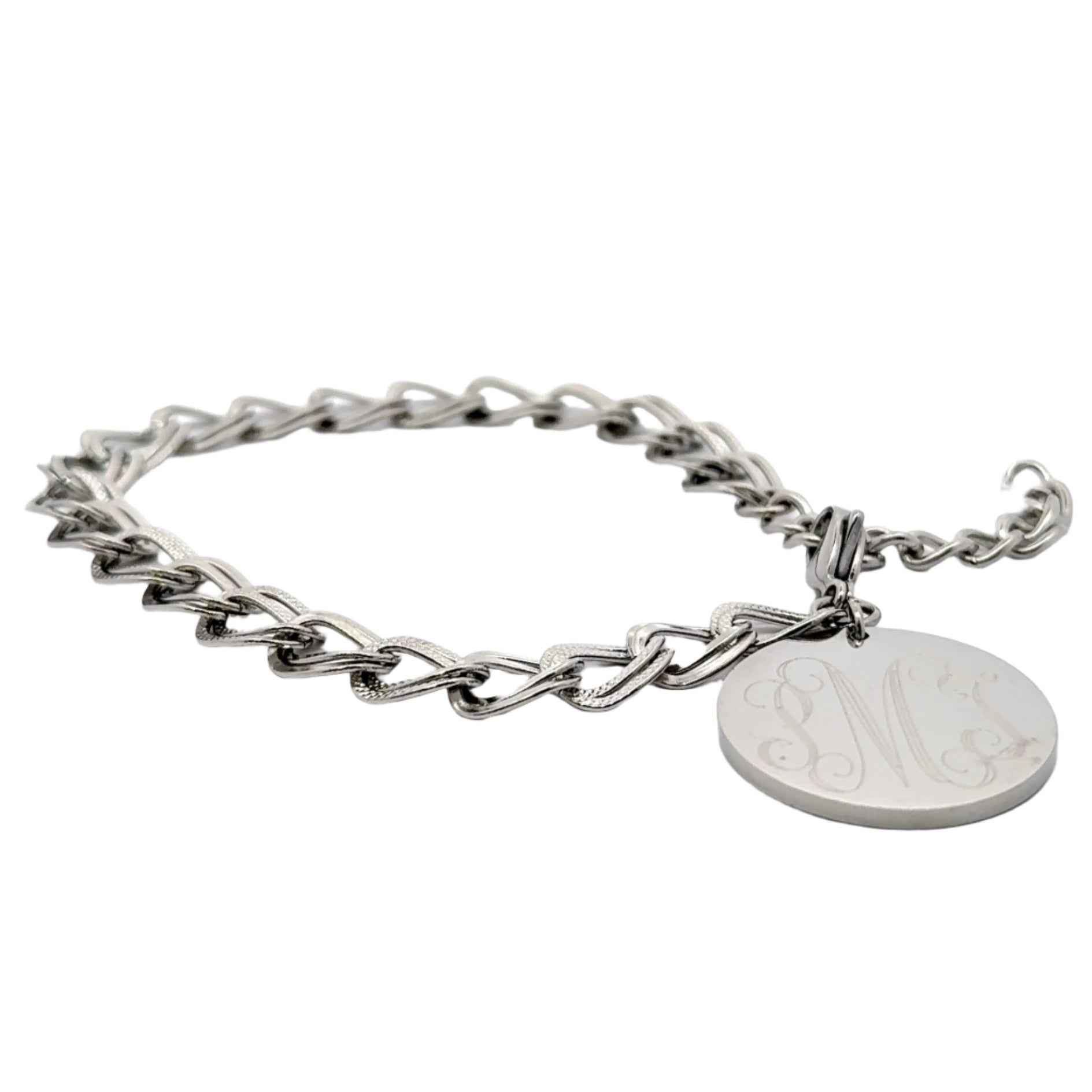 Stainless Steel Engravable Charm Link W/ Pattern Design Bracelet