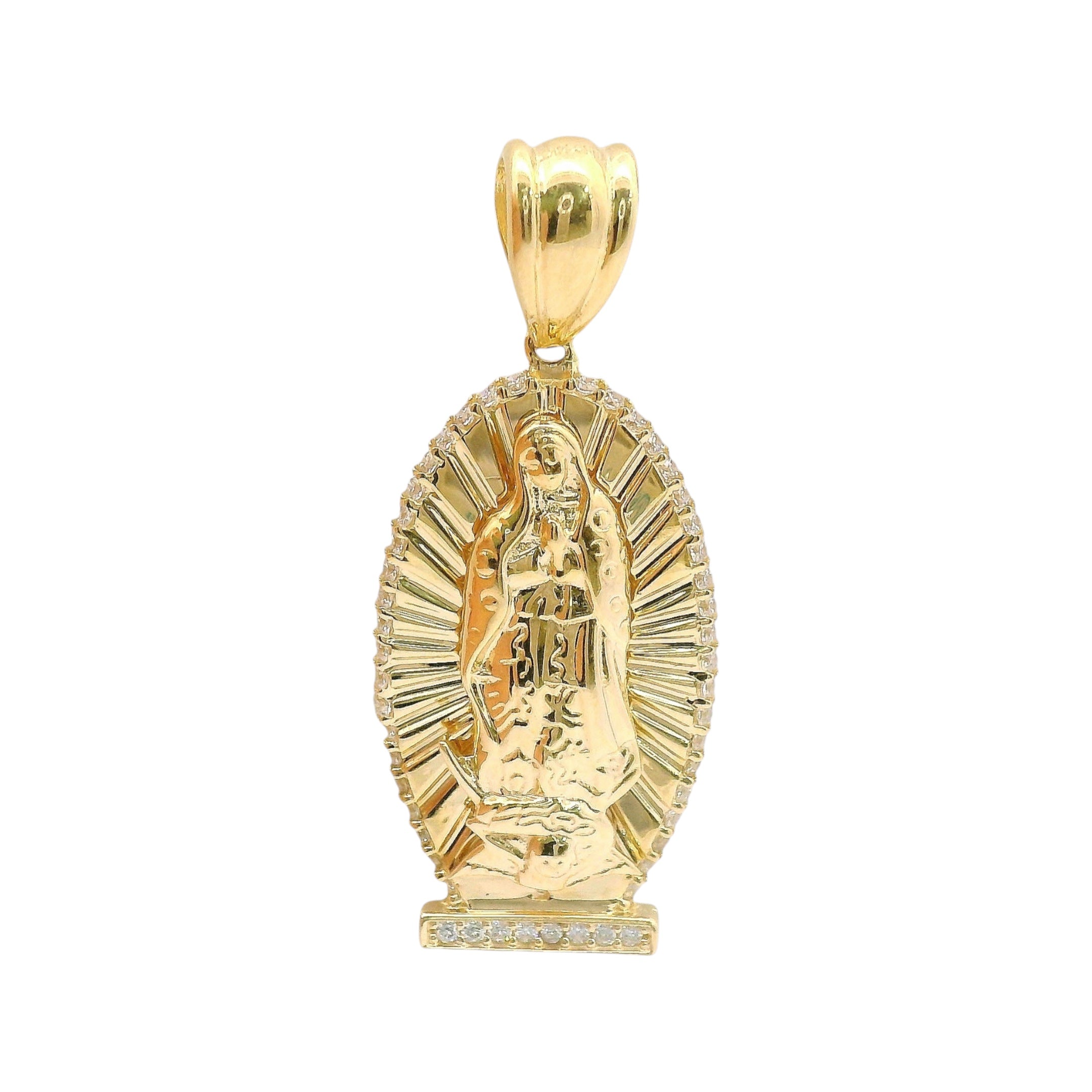 14K Yellow Gold CZ Border Diamond Cut Oval Virgin Mary Pendant