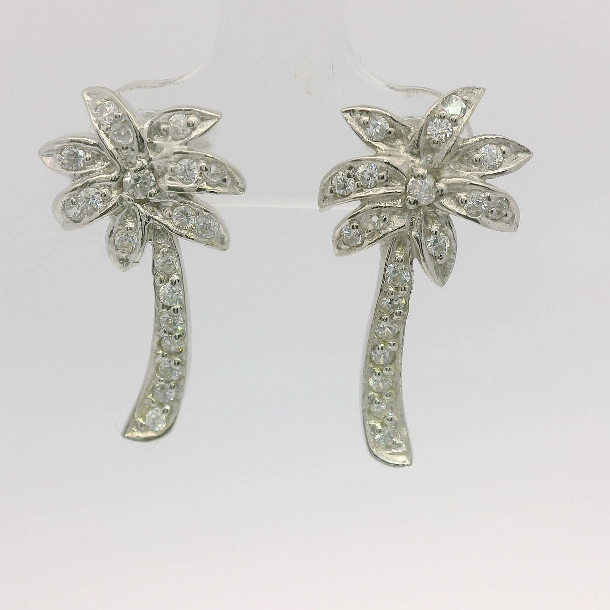 Sterling Silver Long CZ Palm Tree Earrings