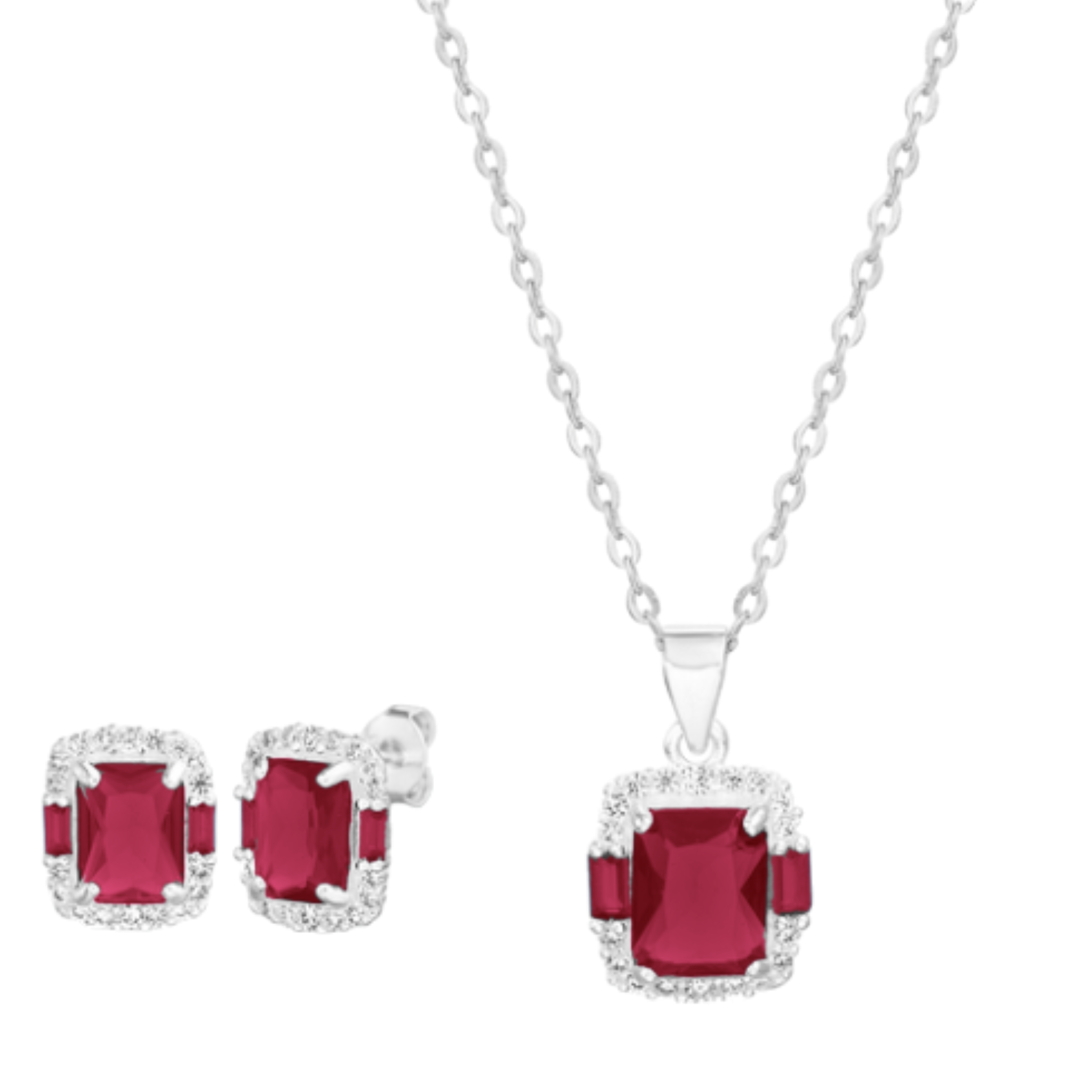 Sterling Silver Elegant Colored Rectangle CZ Halo Necklace/Earrings Set