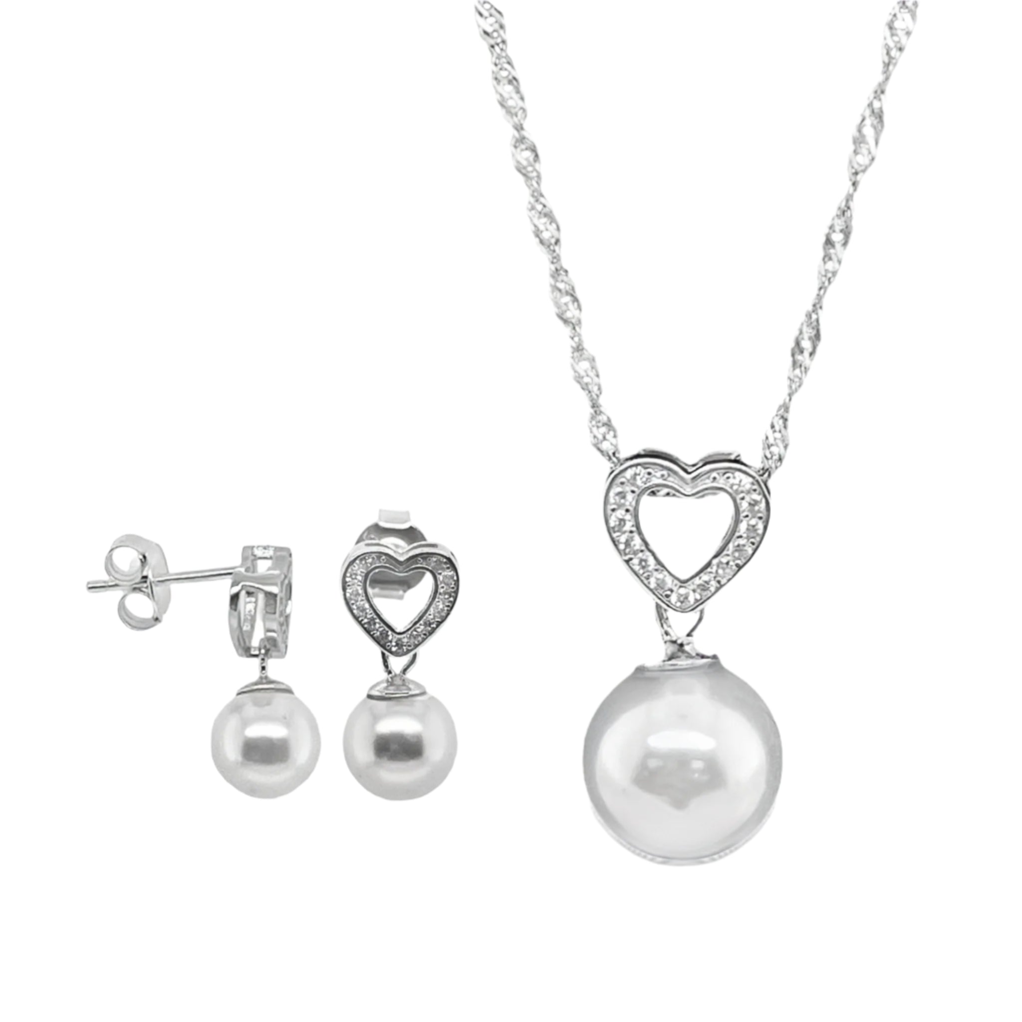 Sterling Silver CZ Heart & Dangling Pearl Necklace/Earrings Set