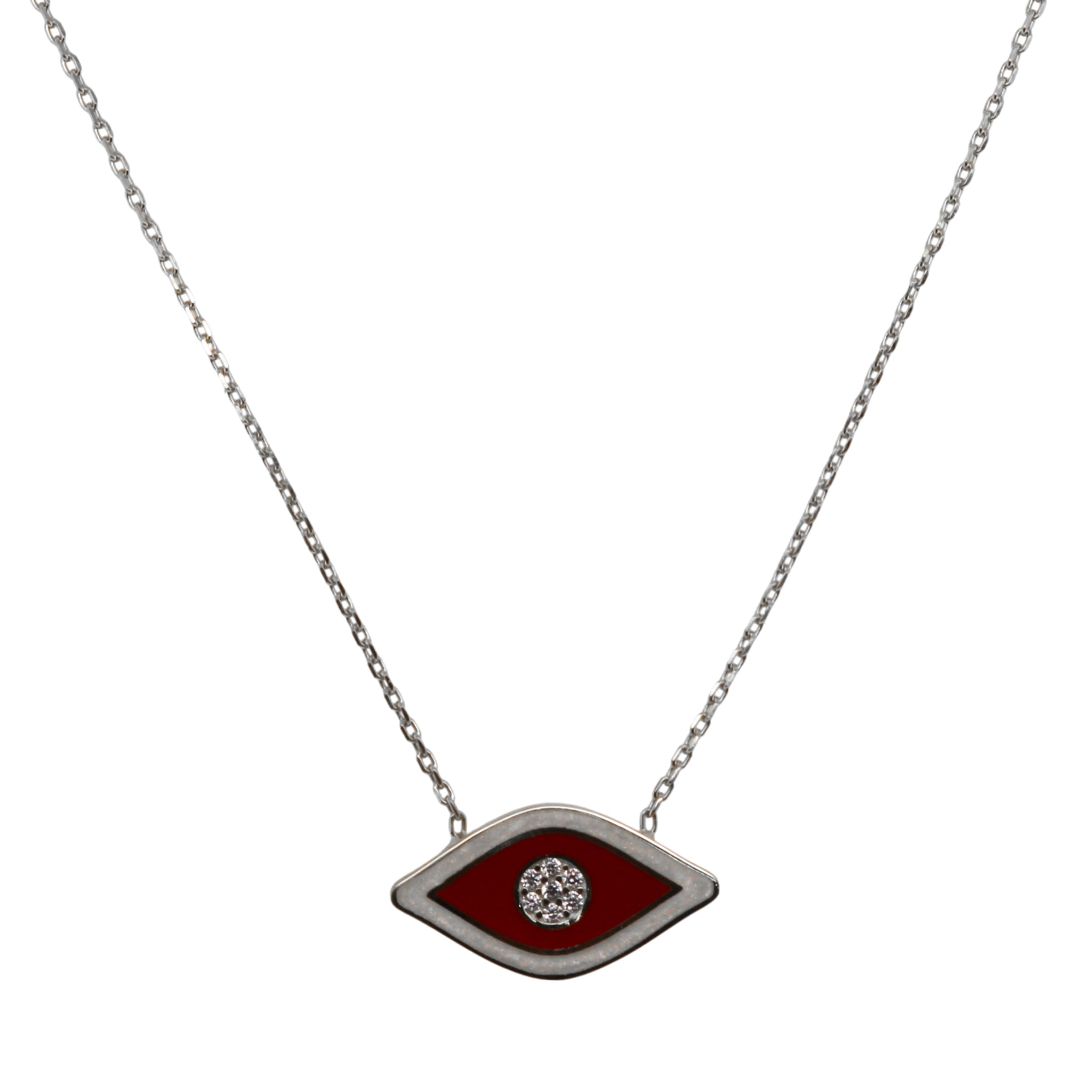 Sterling Silver Red Enamel CZ Evil Eye Necklace