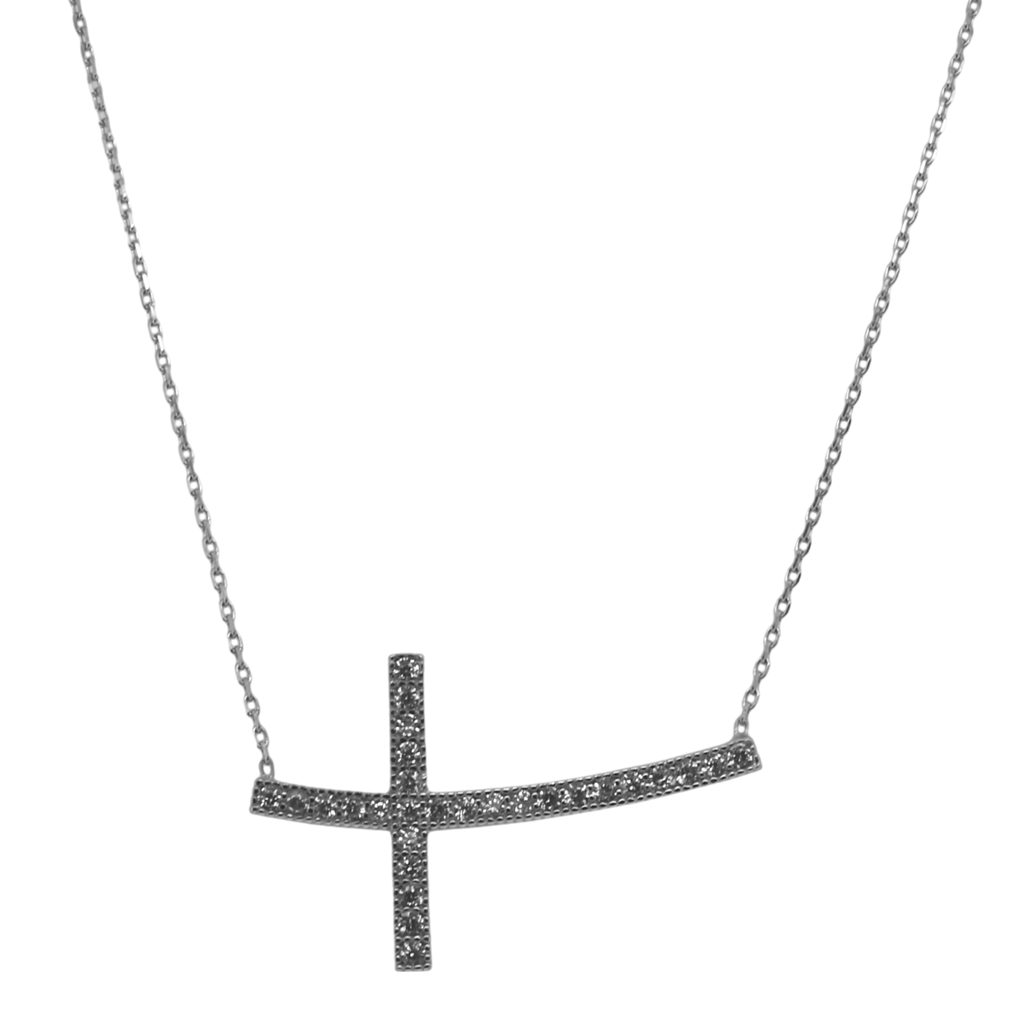 Sterling Silver Sideways CZ Cross Necklace