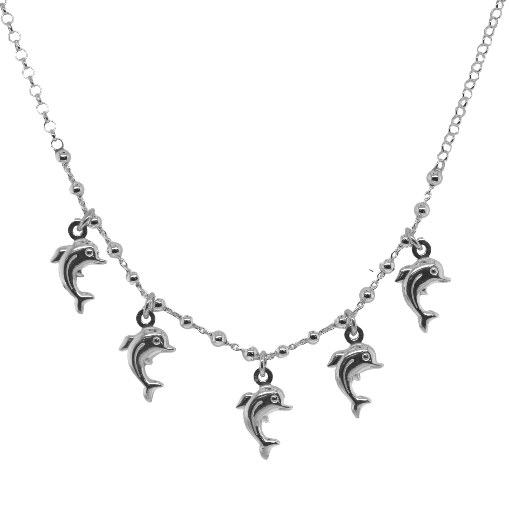 Sterling Silver Dolphin Station Beaded Necklace