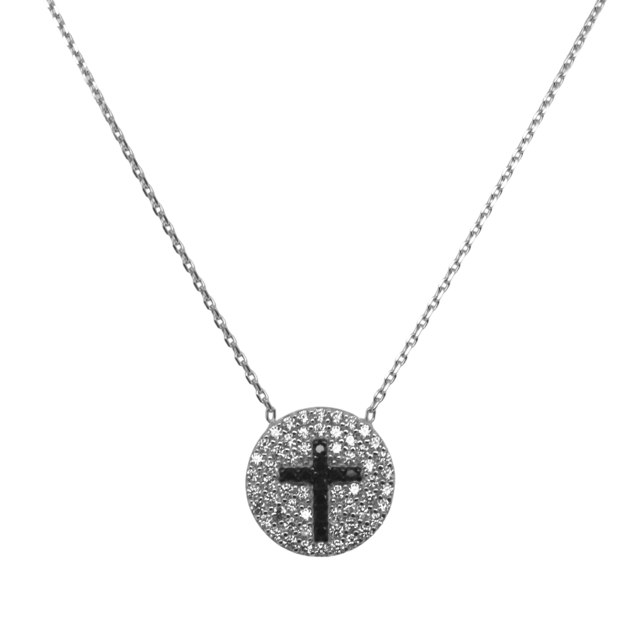 Sterling Silver Circle W/ Black Cross CZ Necklace