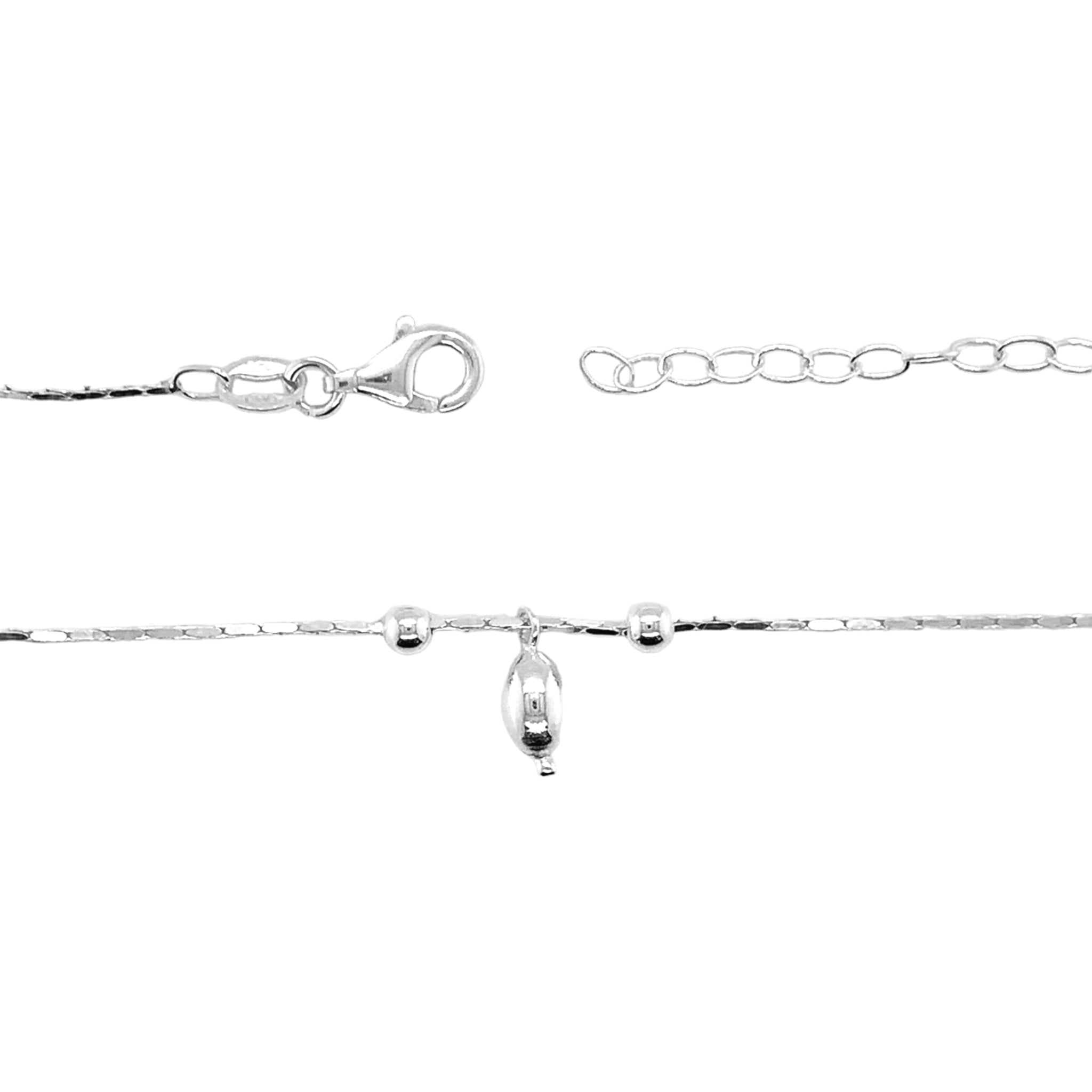 Sterling Silver Round Bead & Dangling Oval Bead Anklet (9"+2")