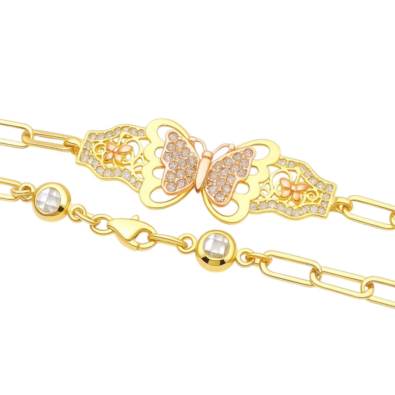 14K Yellow Gold CZ Tricolor Butterfly Paperclip Bracelet 7.5" (5.9 GRAMS)