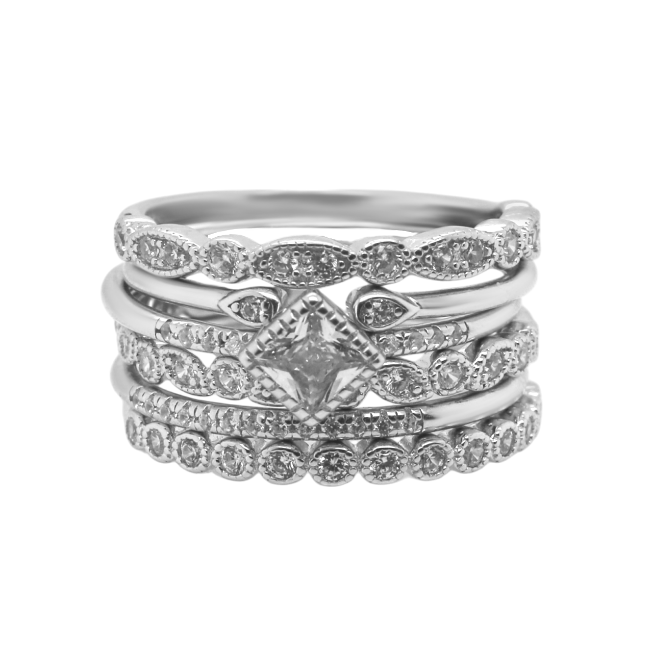 Sterling Silver Decorative Ring Set Diamond Shape CZ Focus
