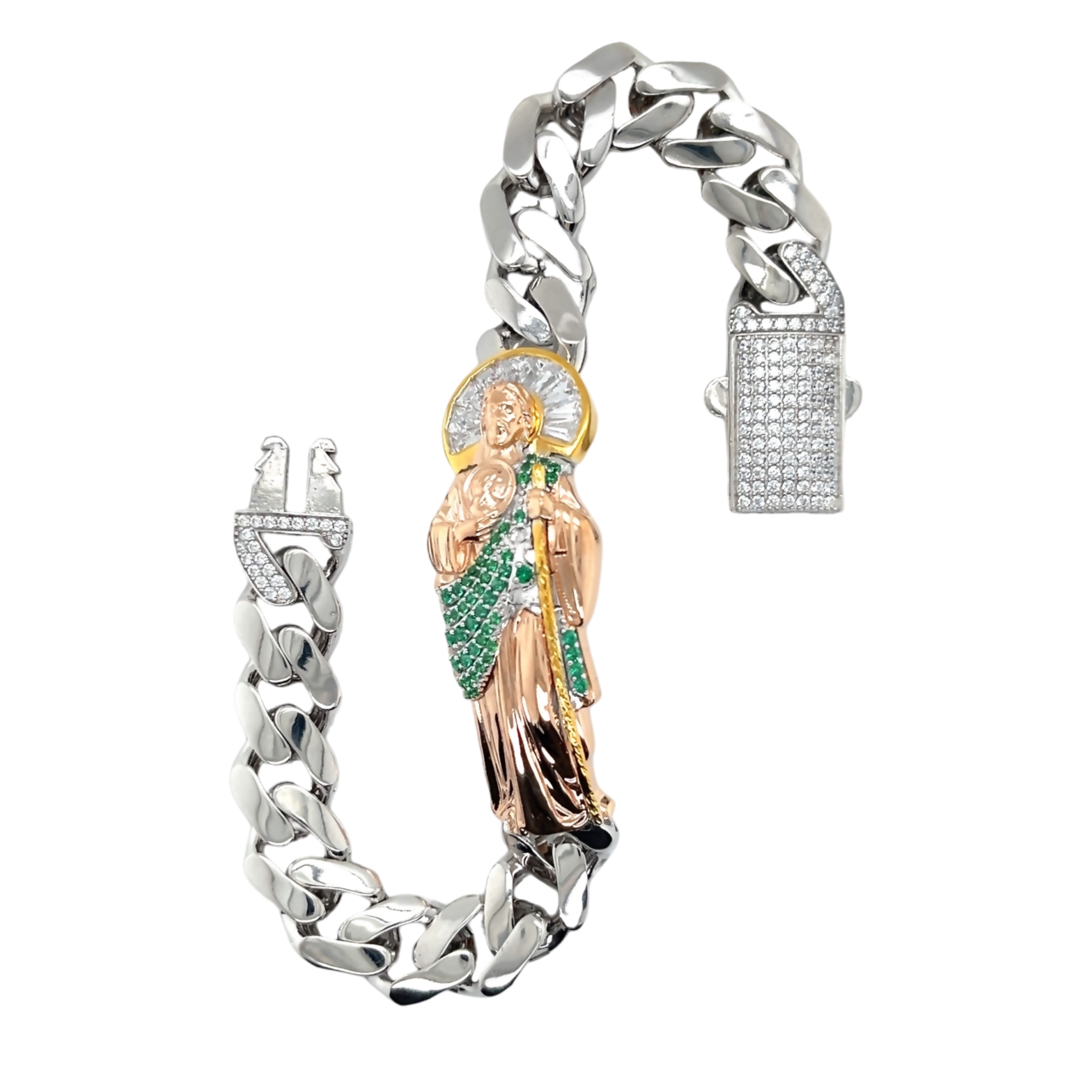 925 Mexican Sterling Silver Saint Jude Tri-color Cuban Bracelet CZ