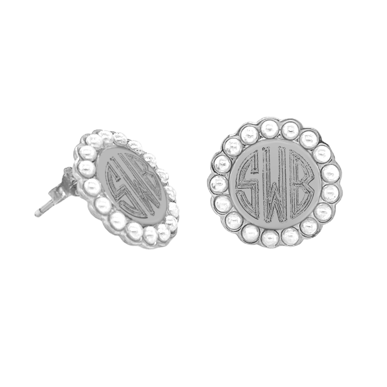 Sterling Silver Circle Engravable Pearl Edged Stud Earrings