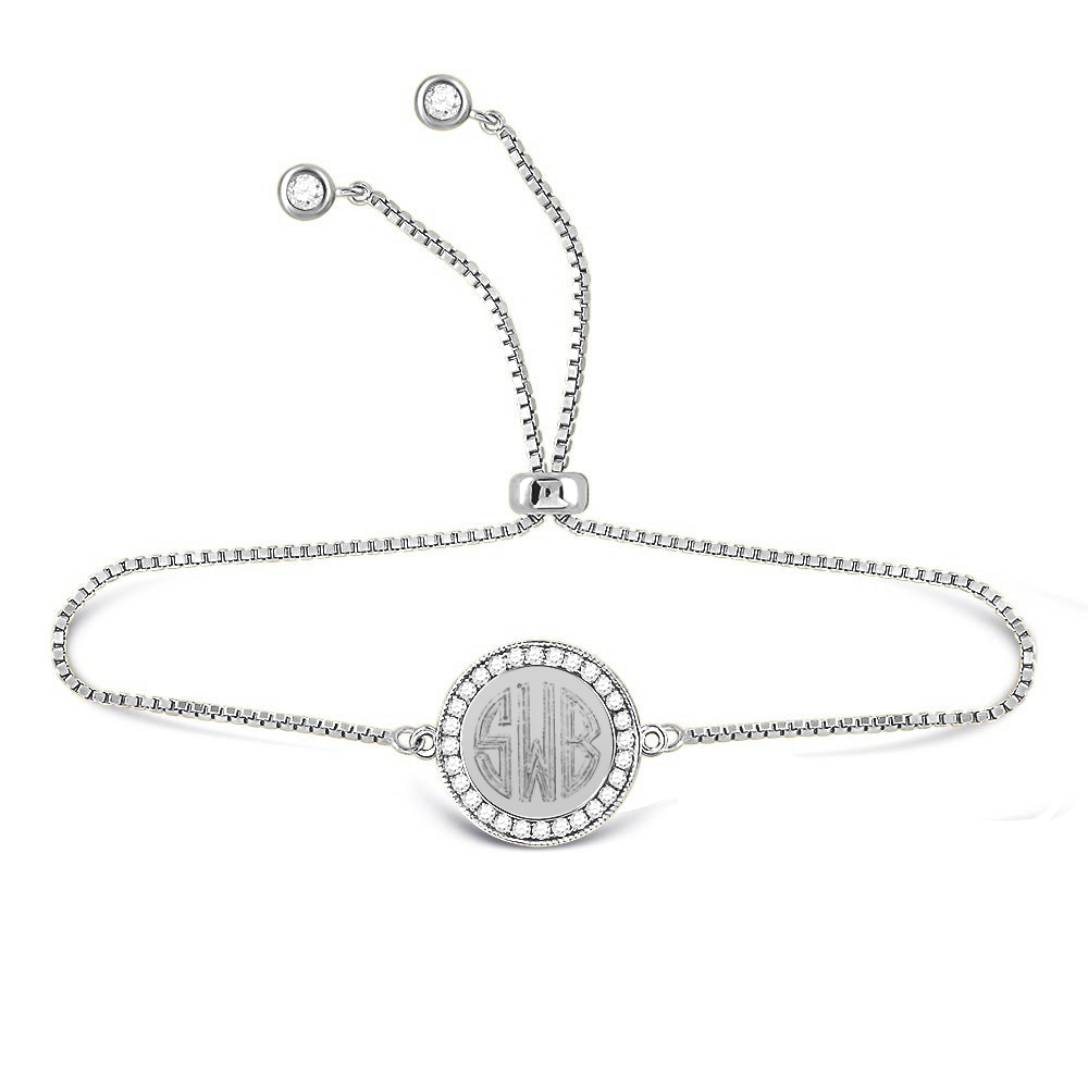 Sterling Silver Engravable Round Cz Adjustable Bracelets
