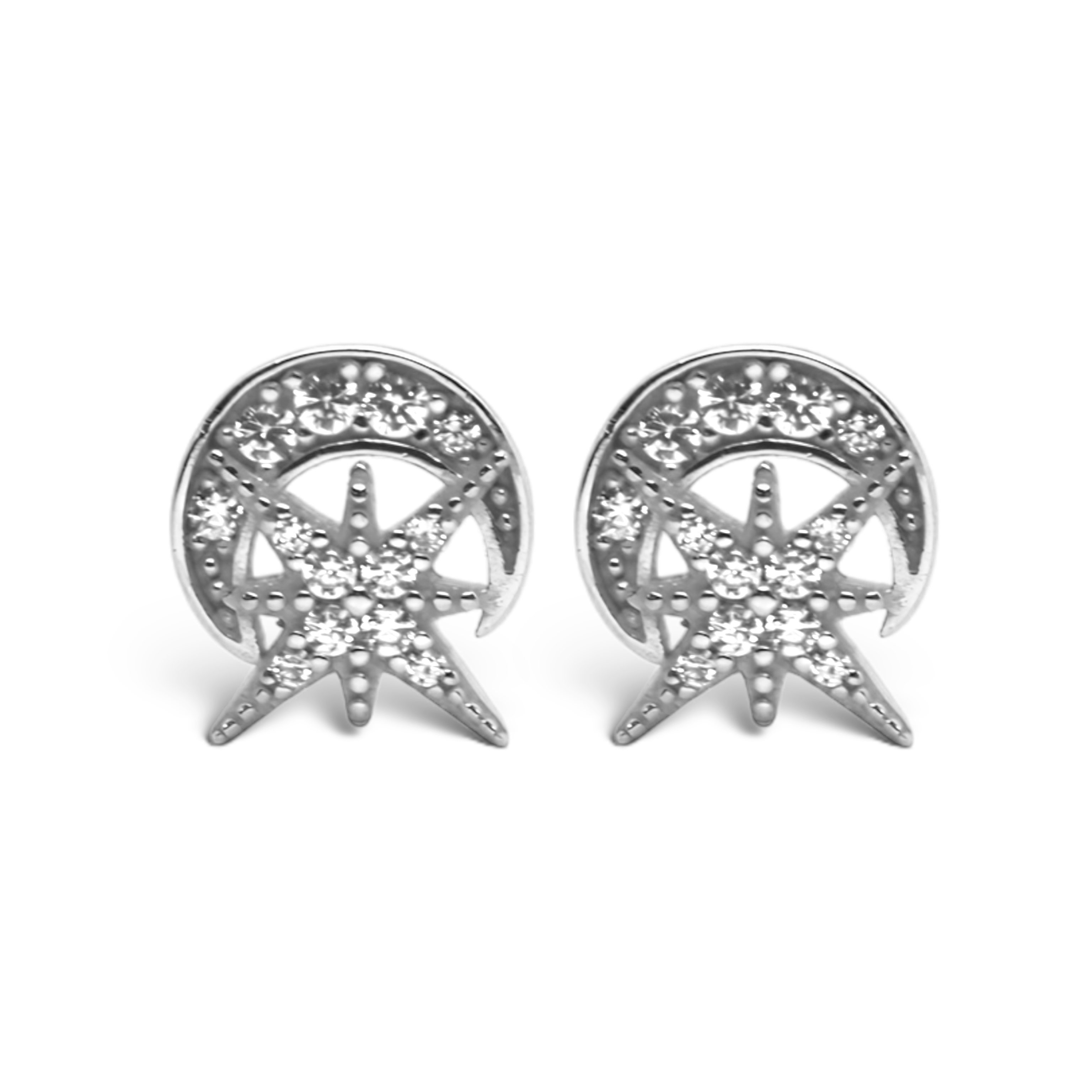 Sterling Silver CZ North Star / Crescent Post Earrings