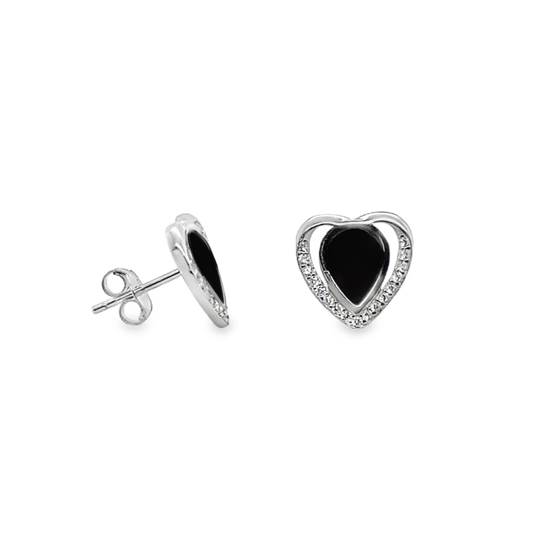 Sterling Silver CZ Black Enamel Heart Stud Earrings
