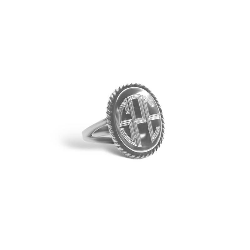 Sterling Silver Oval Engravable Ring With Roped Trim & Plain Band
