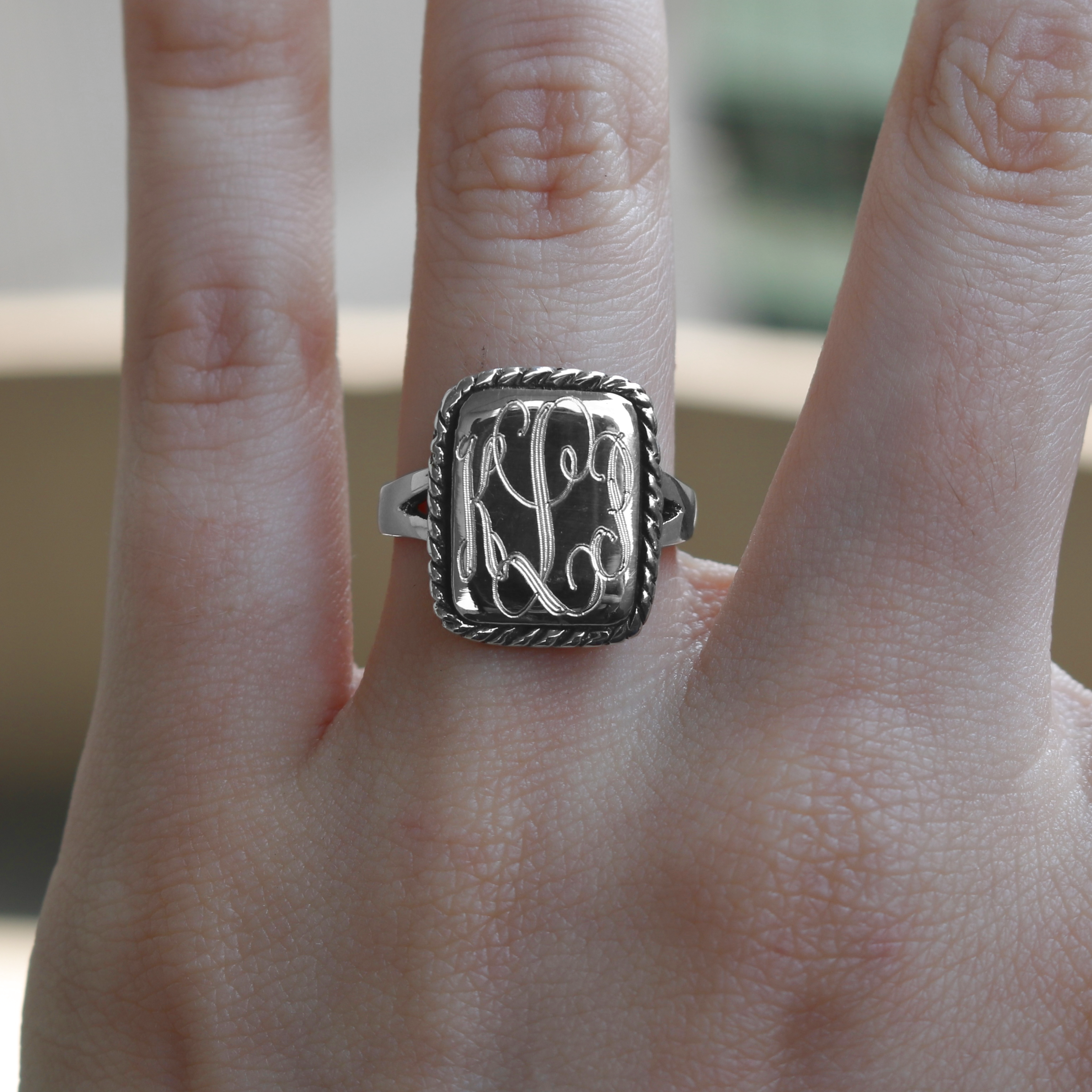 Sterling Silver Engravable Rectangle Ring With Rope