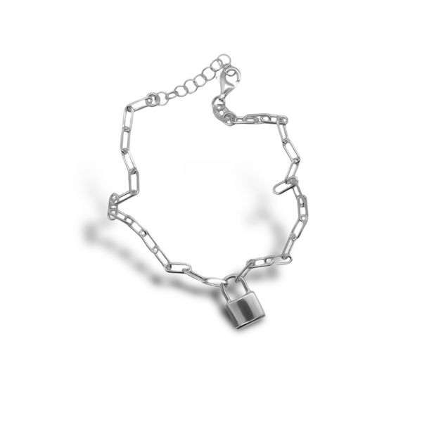 Italian Sterling Silver Paper Clip Bracelet with Lock Charm