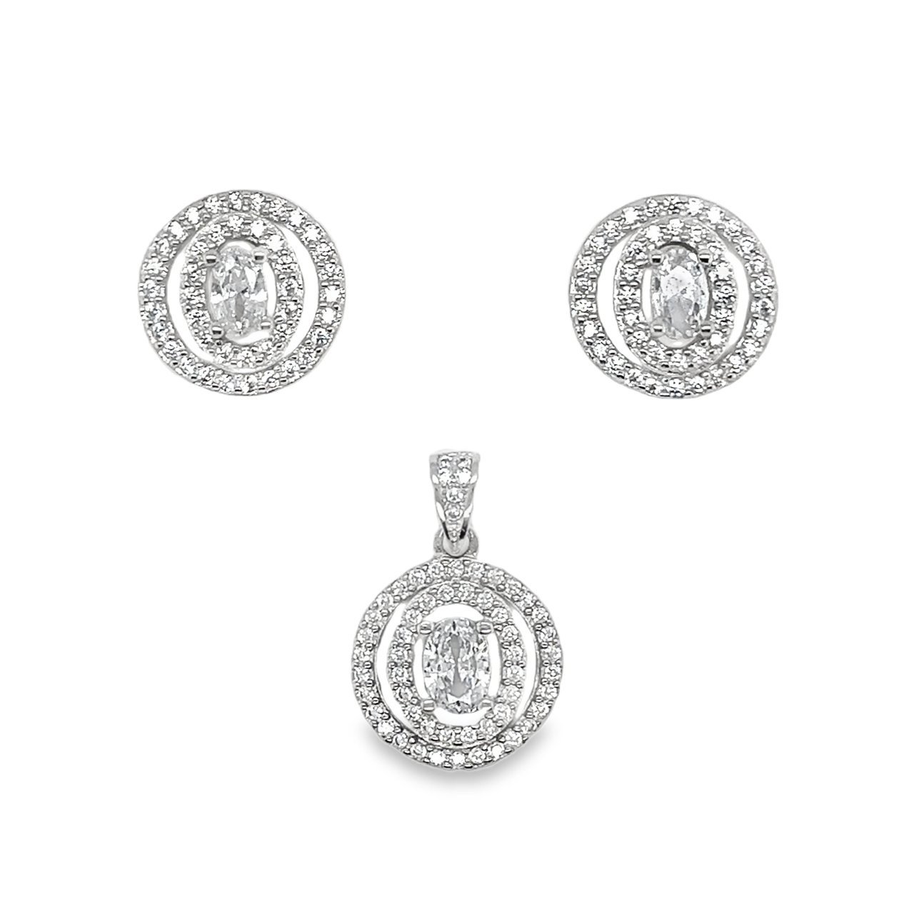 Sterling Silver Oval CZ Round Halo Pendant & Earrings Set