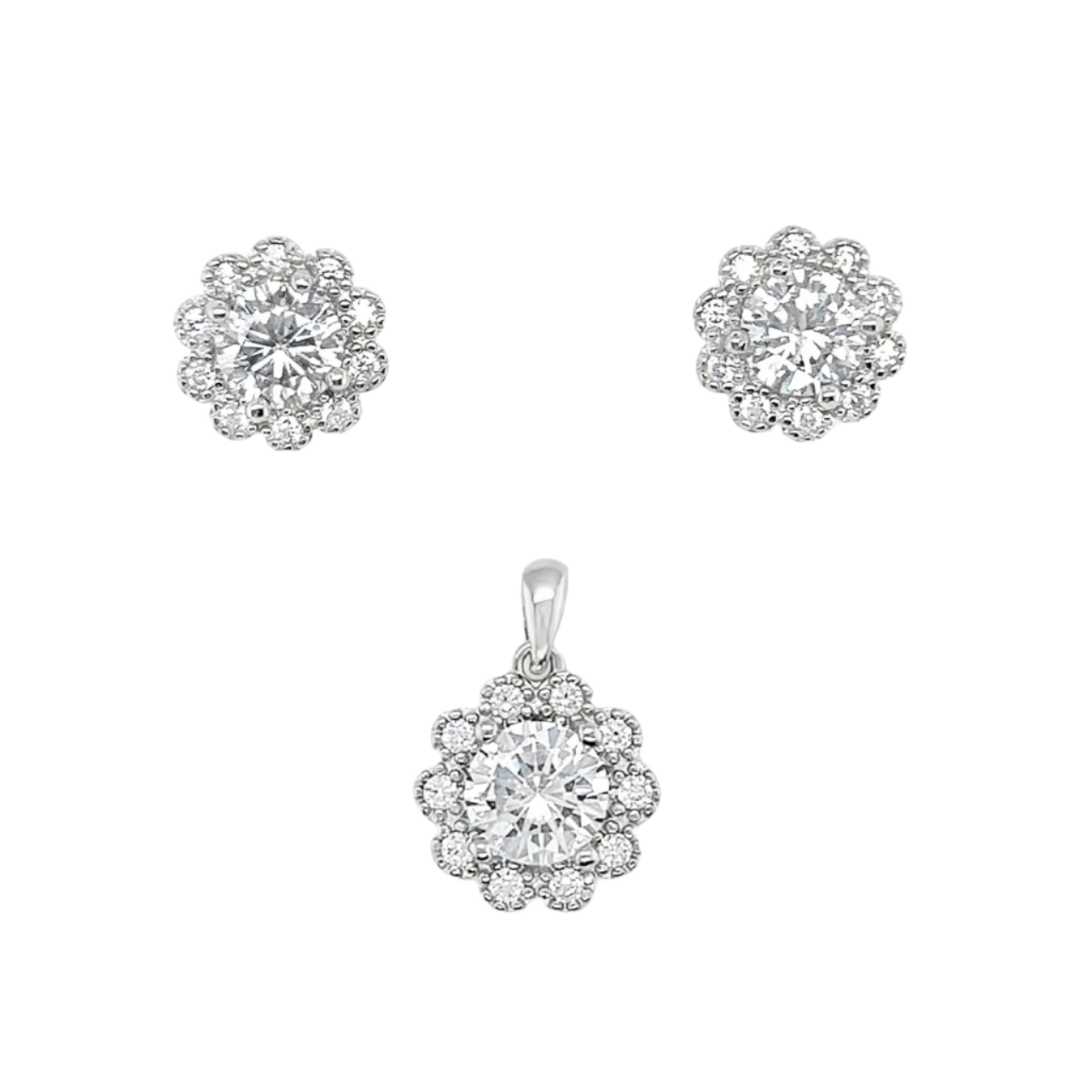 Sterling Silver CZ Flower Pendant & Earrings Set