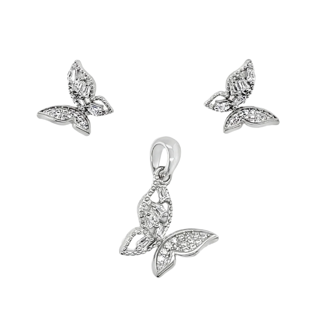 Sterling Silver Baguette CZ Butterfly Pendant/Earrings Set