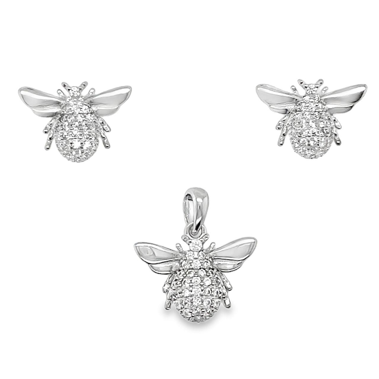 Sterling Silver CZ Insect Fly Pendant & Earrings Set