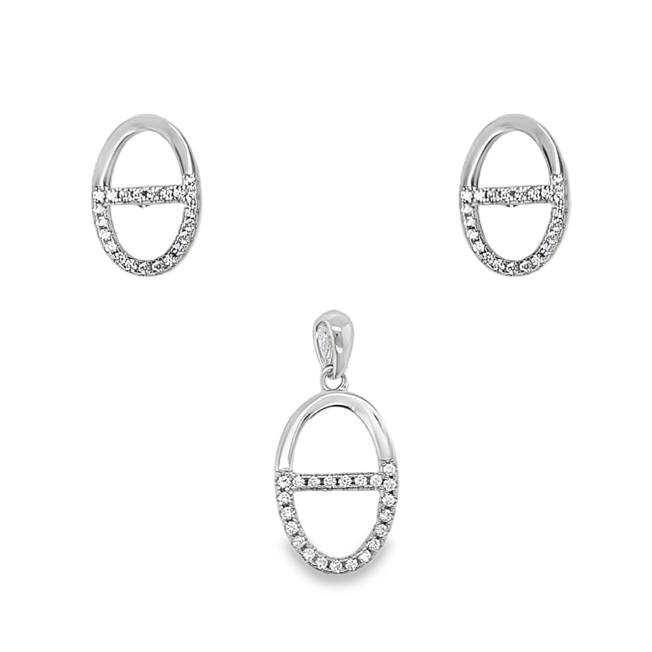 Sterling Silver CZ & Solid Oval Cut-Out Pendant & Earrings Set