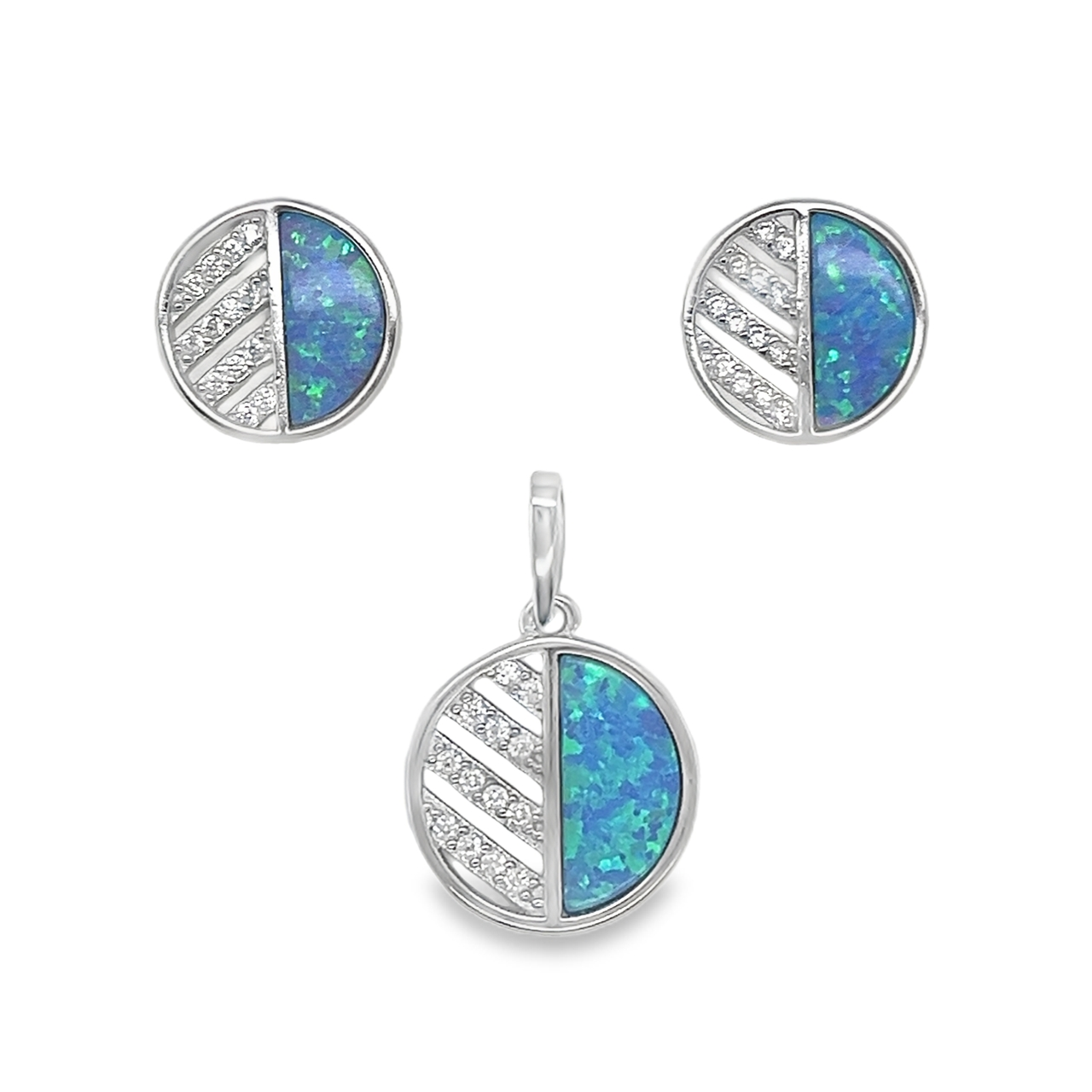 Sterling Silver Circle Half Blue Opal Half CZ Lines Pendant & Earrings Set