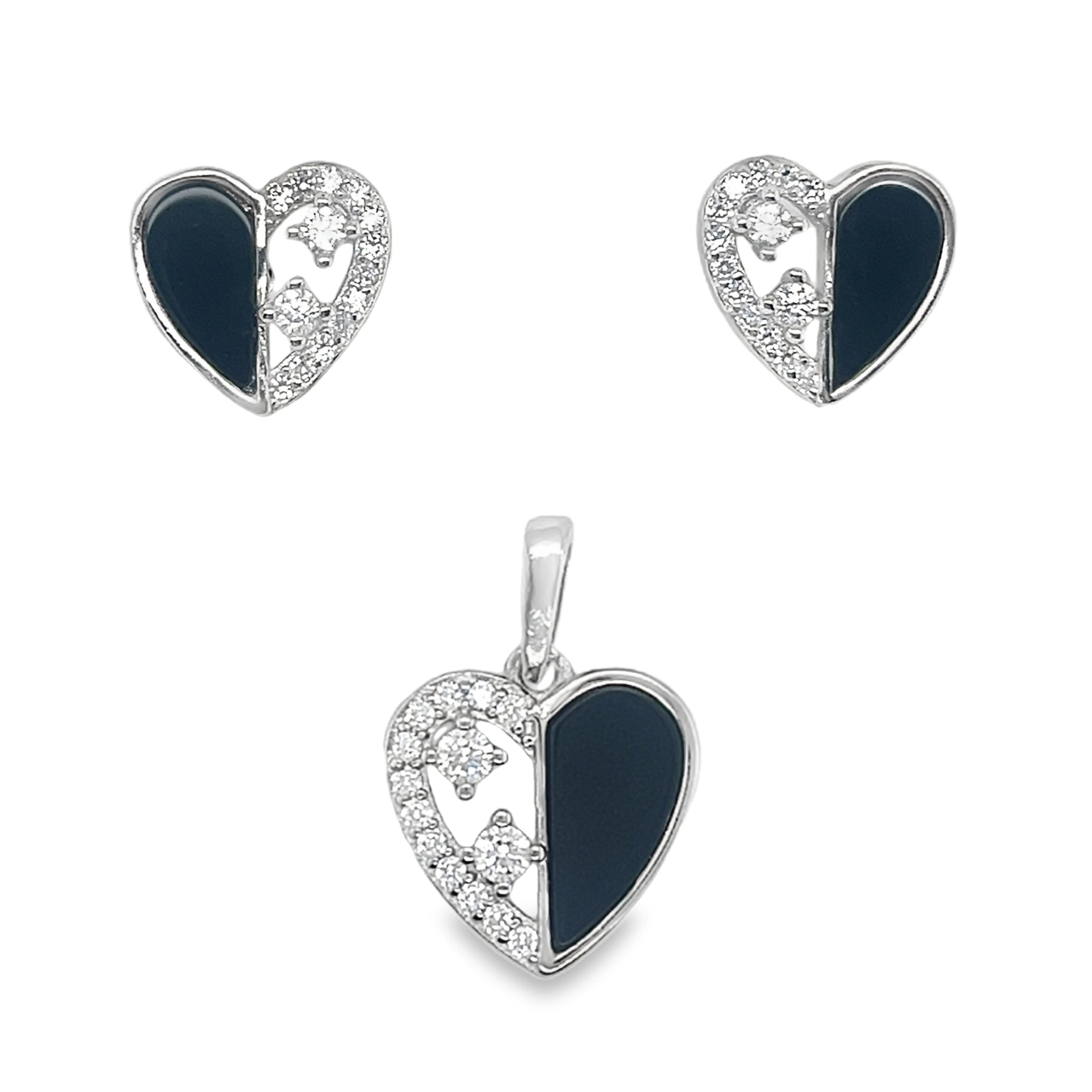 Sterling Silver Half Black Enamel Half CZ Heart Pendant & Earrings Set