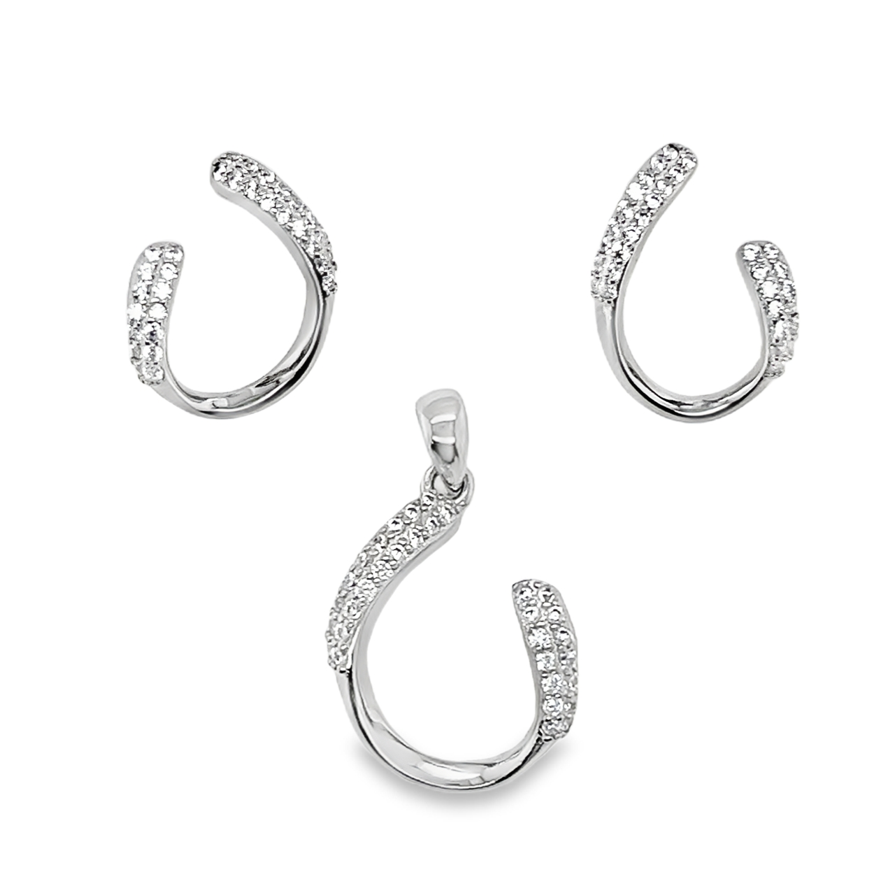 Sterling Silver CZ Curved Open Teardrop Pendant & Earrings Set
