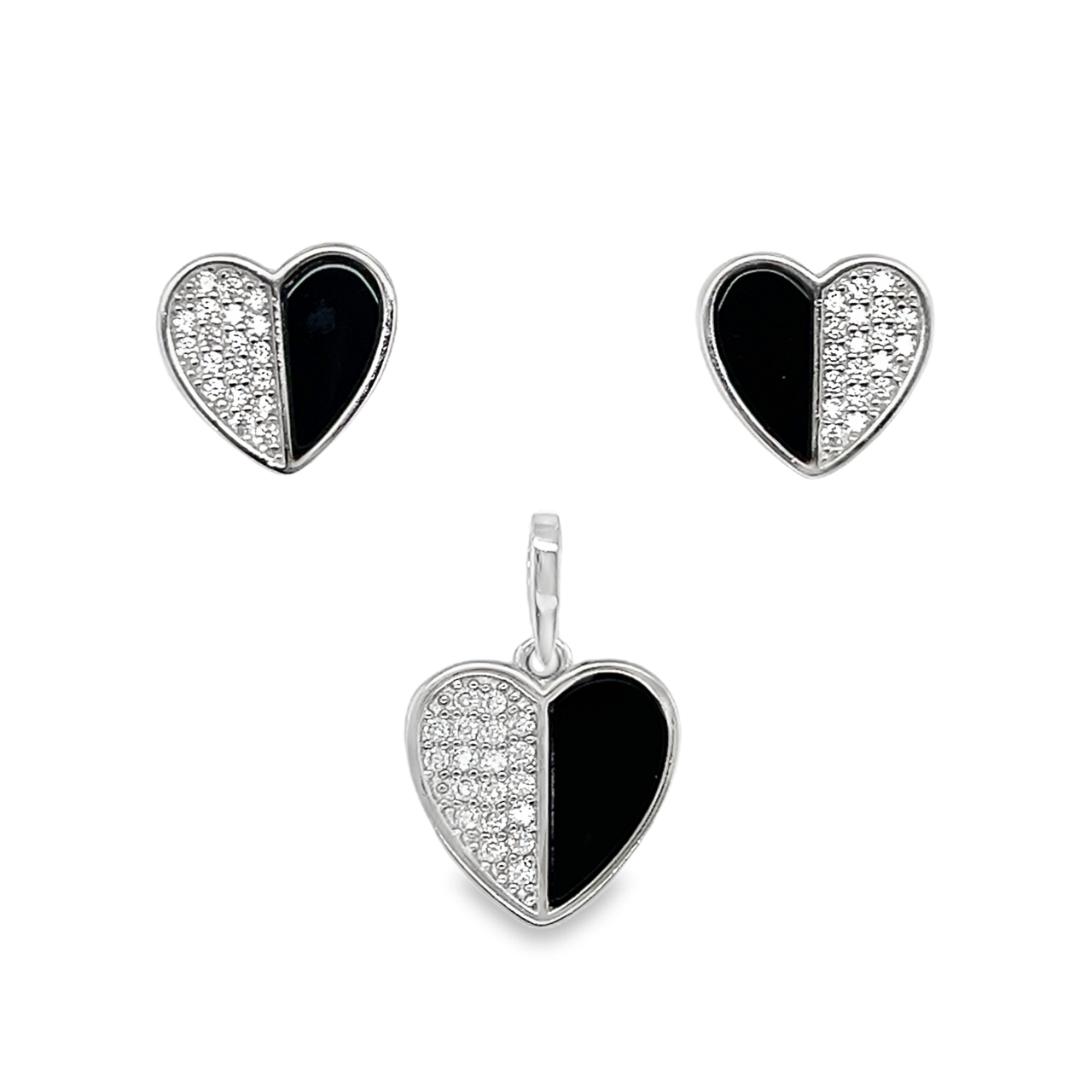 Sterling Silver Half Black Enamel Half CZ Heart Pendant & Earrings Set