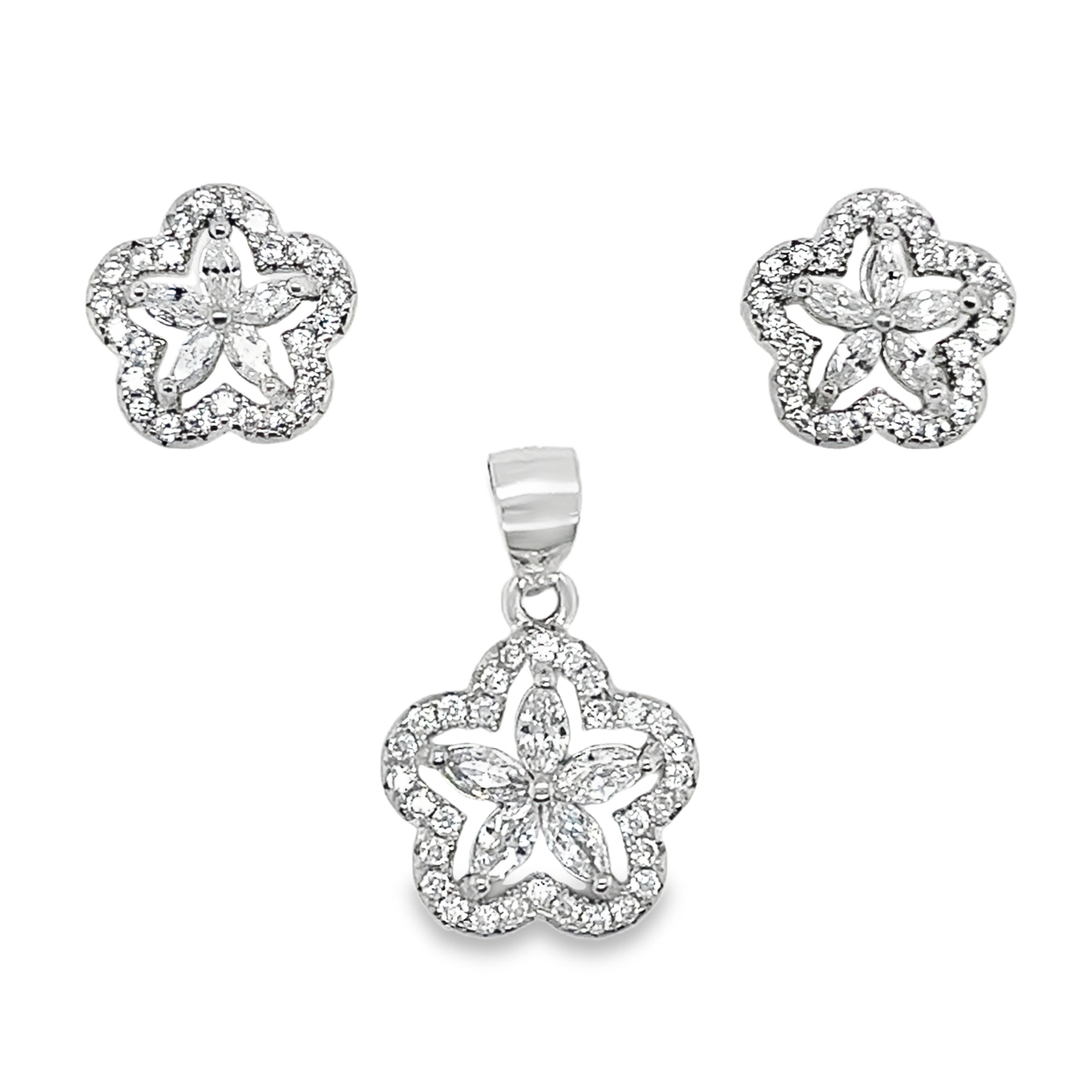 Sterling Silver CZ Flower Pendant & Earrings Set