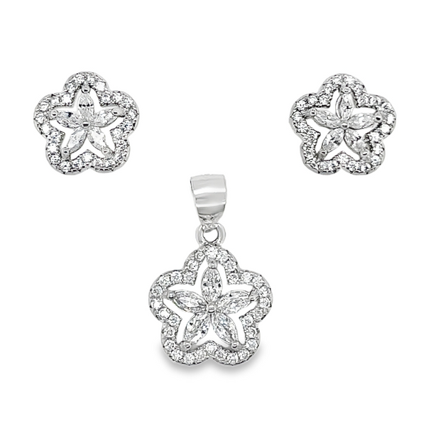 Sterling Silver CZ Flower Pendant & Earrings Set