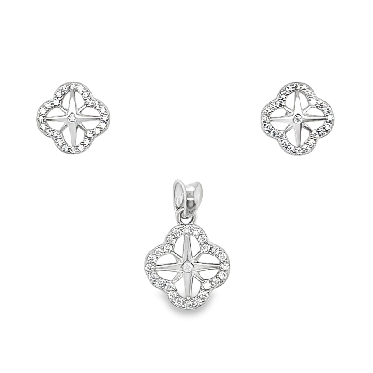 Sterling Silver CZ 4 Leaf Clover W/ North Star Pendant & Earrings Set