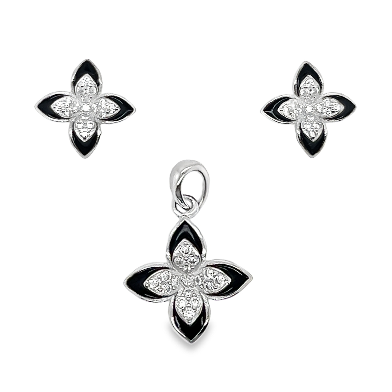 Sterling Silver CZ & Black Enamel Flower Pendant & Earrings Set