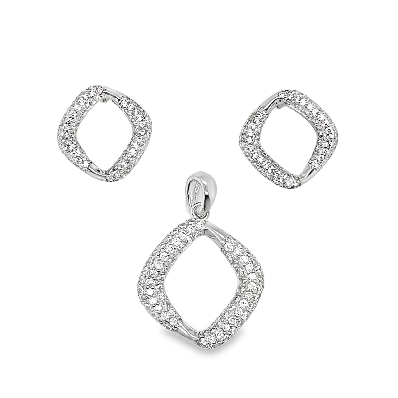 Sterling Silver CZ Cut-Out Diamond Shape Pendant & Earrings Set