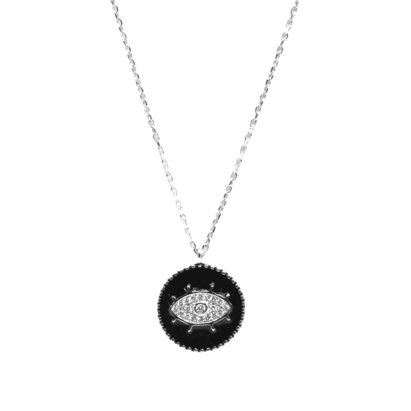 Sterling Silver Circle Pendant Evil Eye Necklace w/ Black Enamel