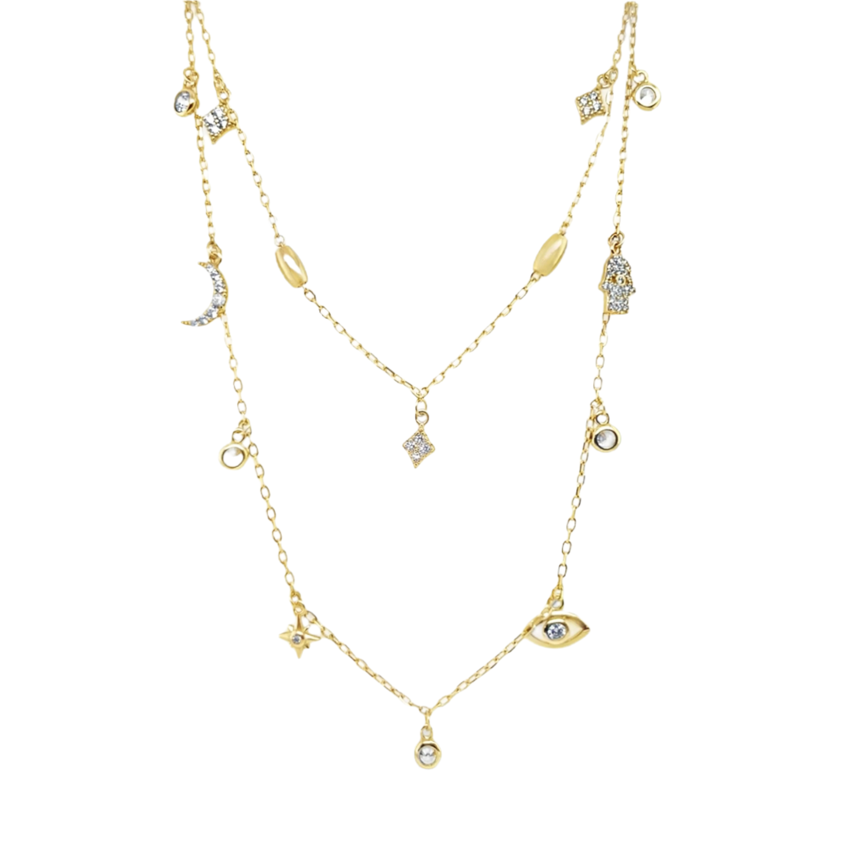Sterling Silver Gold Plated Multi-Charm CZ Layered Necklace