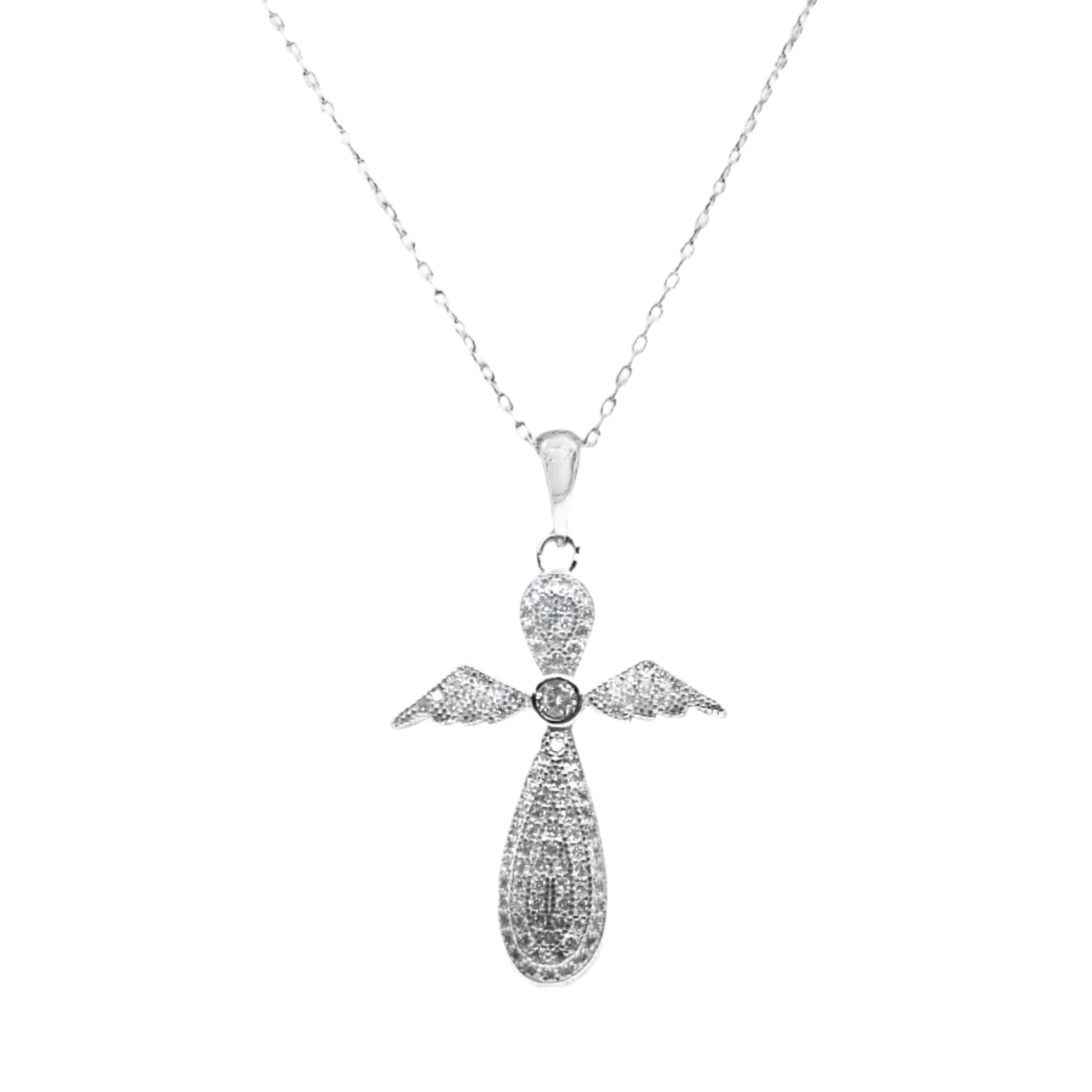 Sterling Silver CZ Cross Angel Necklace