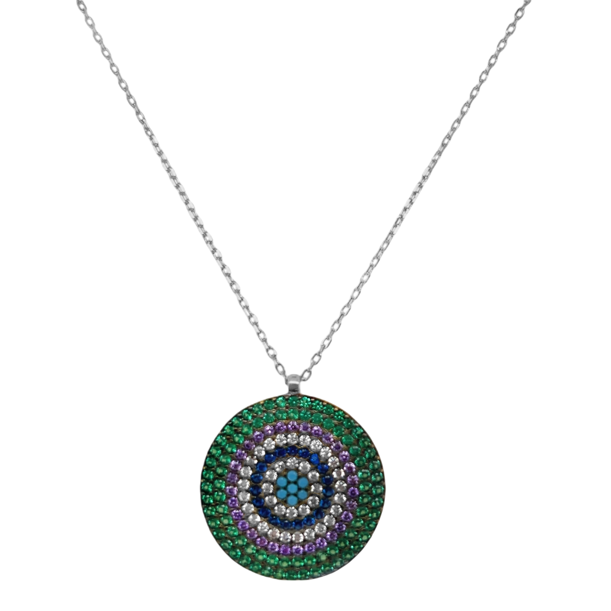 Sterling Silver Round Multi Color Evil Eye Necklace
