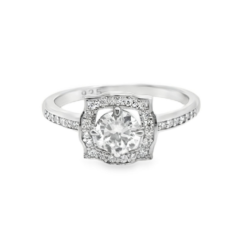 Sterling Silver 5MM 0.5CT Round Moissanite W/ Square Halo Ring