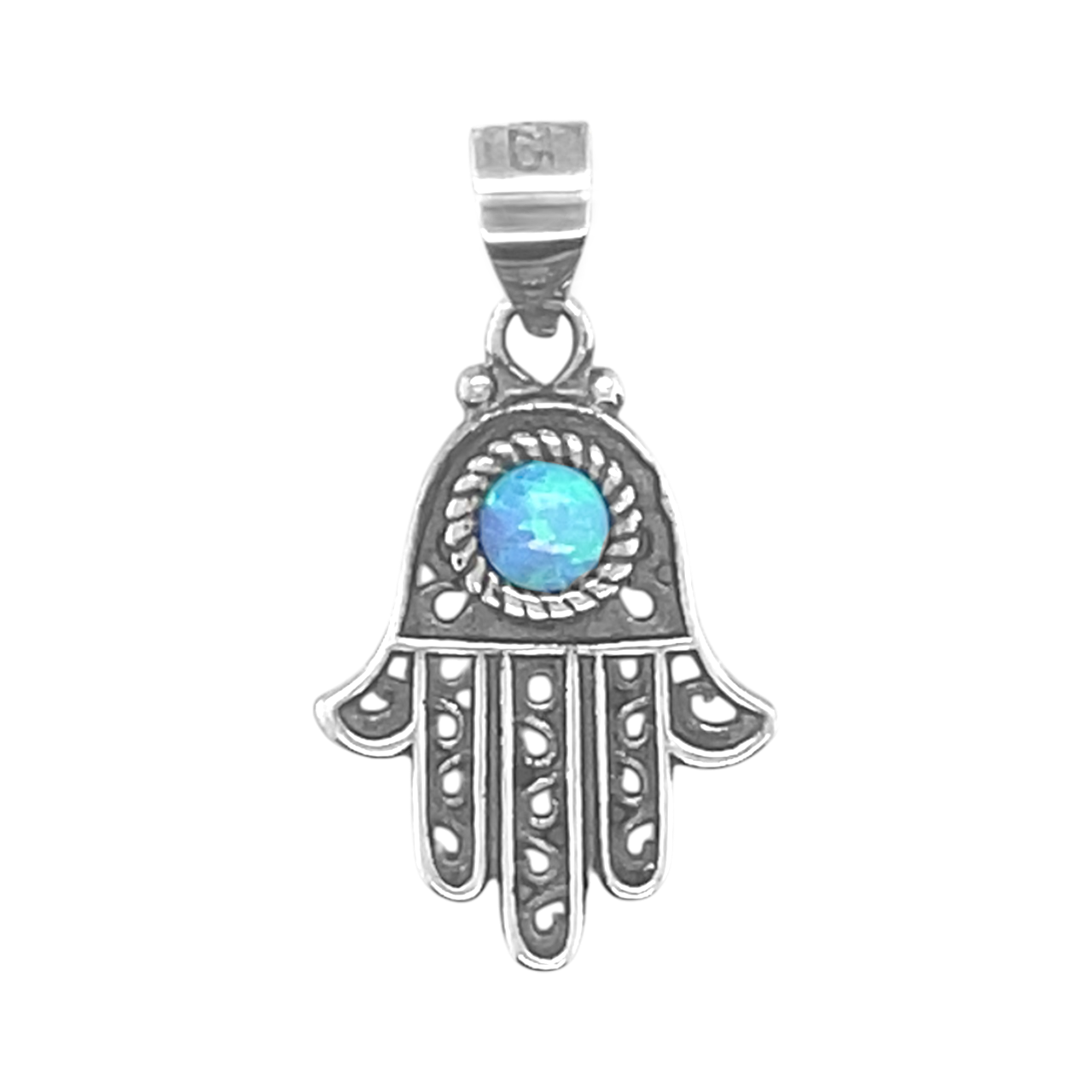 Sterling Silver Blue Opal Hamsa Hand Pendant