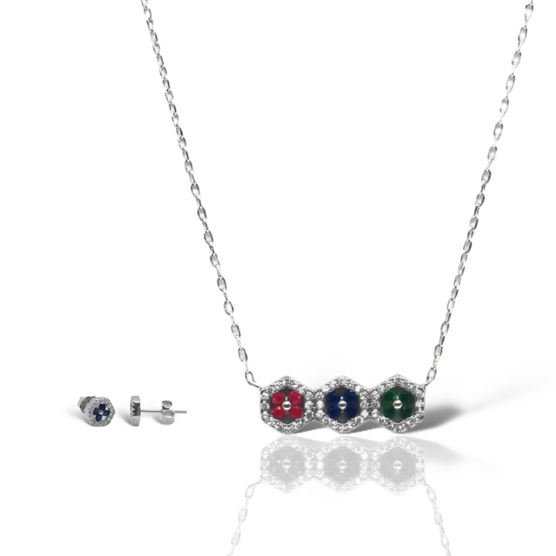Sterling Silver Multi-Color Hexagon CZ Necklace/Earrings Set