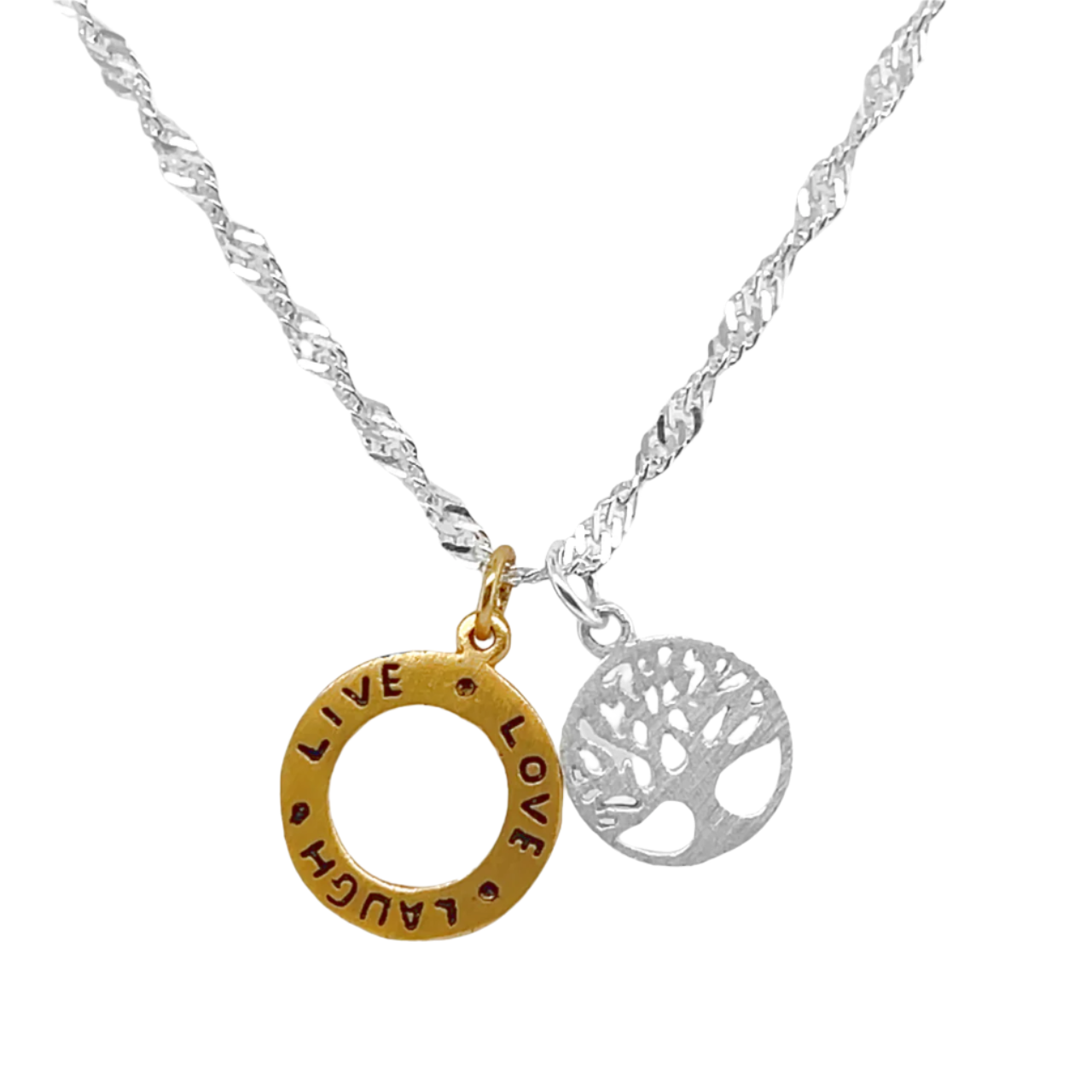 Sterling Silver Gold Live, Laugh Love, & Tree Of Life 2 Piece Pendant Set