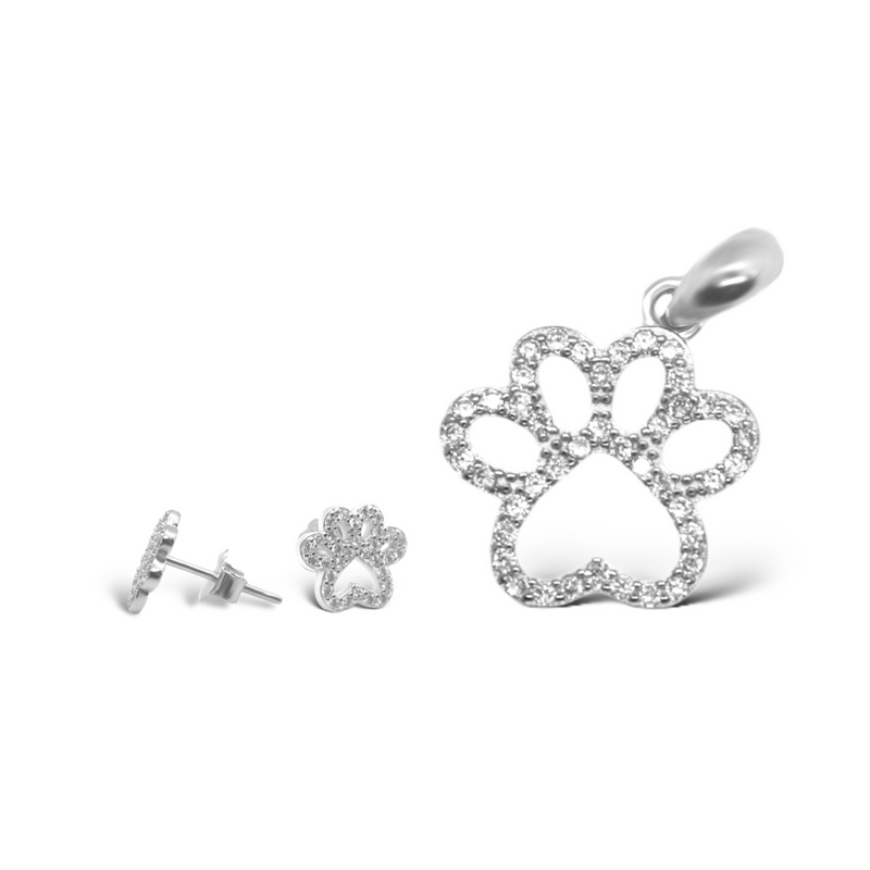 Sterling Silver CZ Paw Pendant/Earrings Set