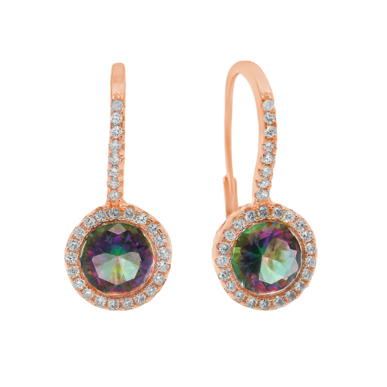 Sterling Silver Rose Gold Mystic Topaz CZ Halo Huggie Earrings