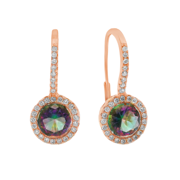 Sterling Silver Rose Gold Mystic Topaz CZ Halo Huggie Earrings