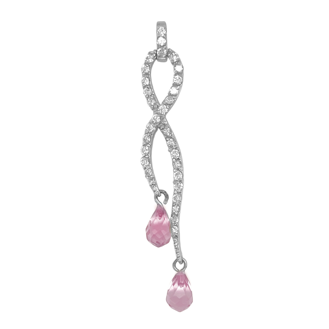 Sterling Silver CZ Ribbon W/ Dangling Crystal Pendant